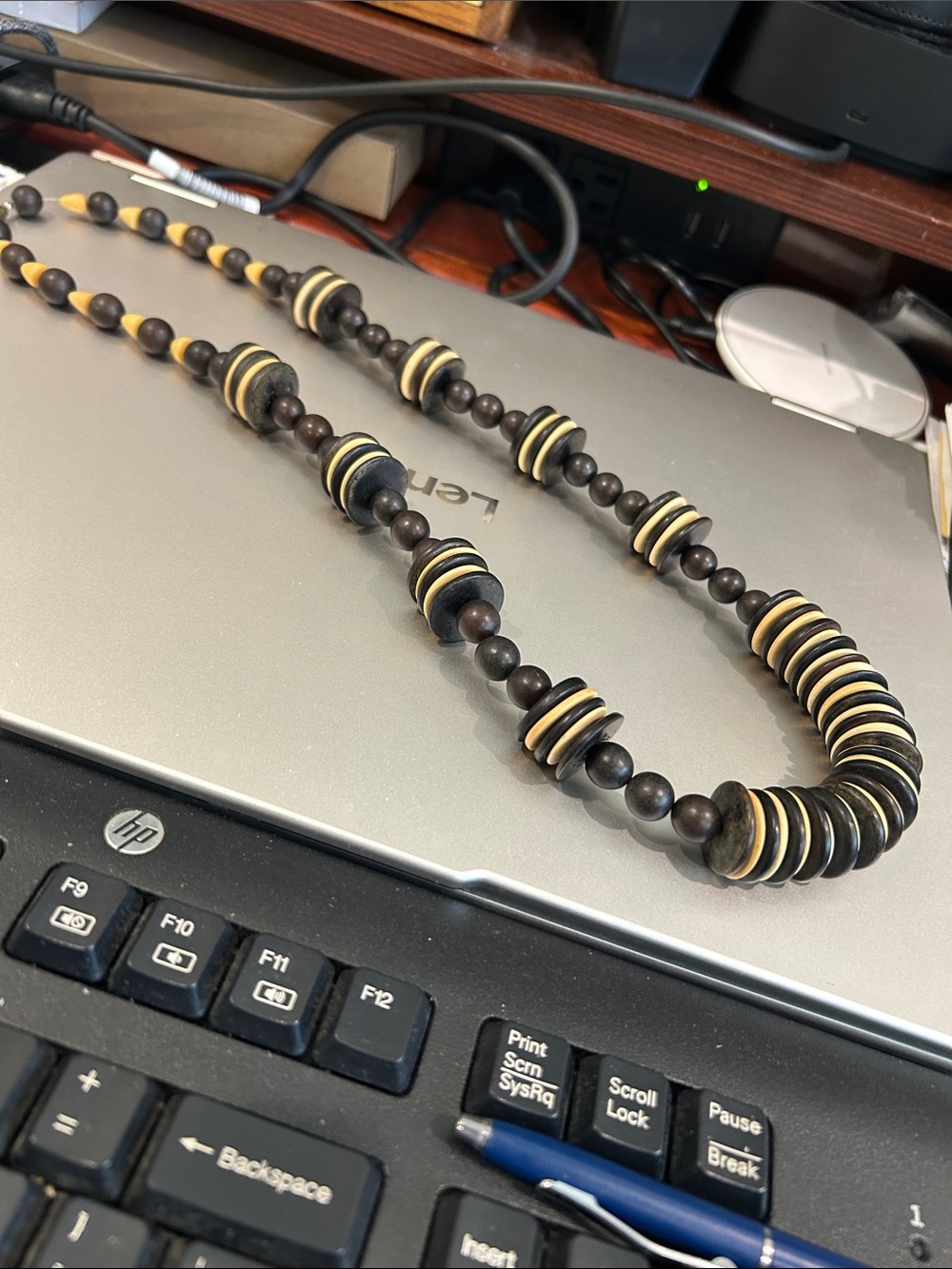 Beaded Men’s Necklace with Black and Cream Accents. 26 inches